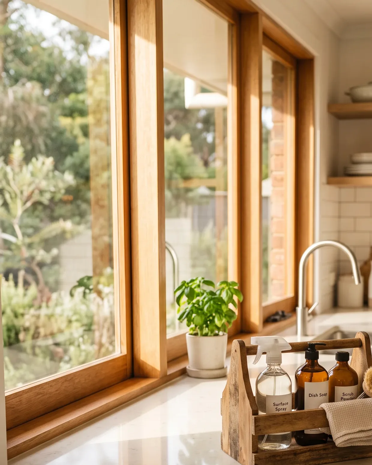 Sunlight through tall timber-framed windows onto a clean, clear kitchen bench.
