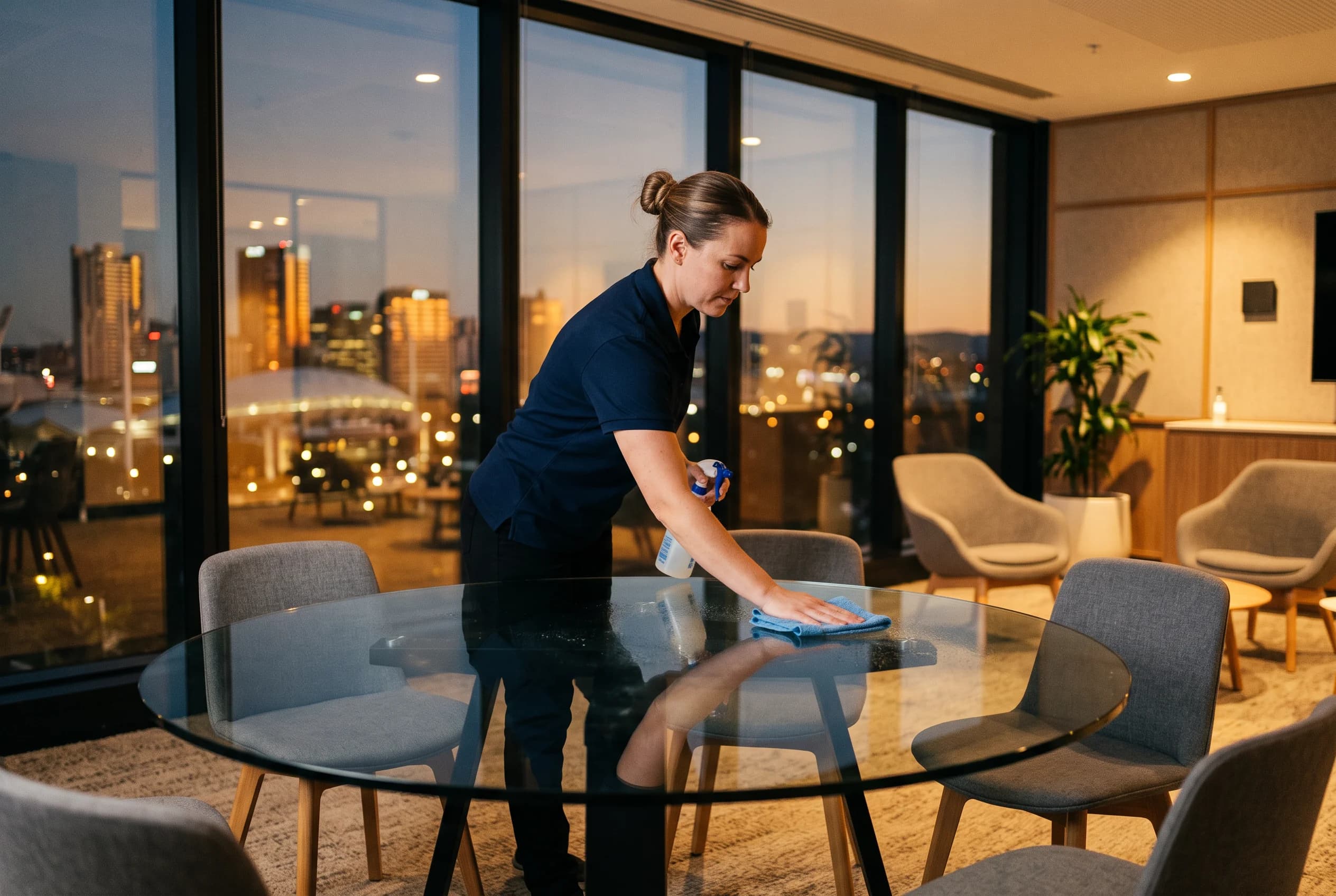 A professional cleaner in a navy polo wiping a glass meeting-room table in a modern Adelaide office at dusk, city light through the windows.