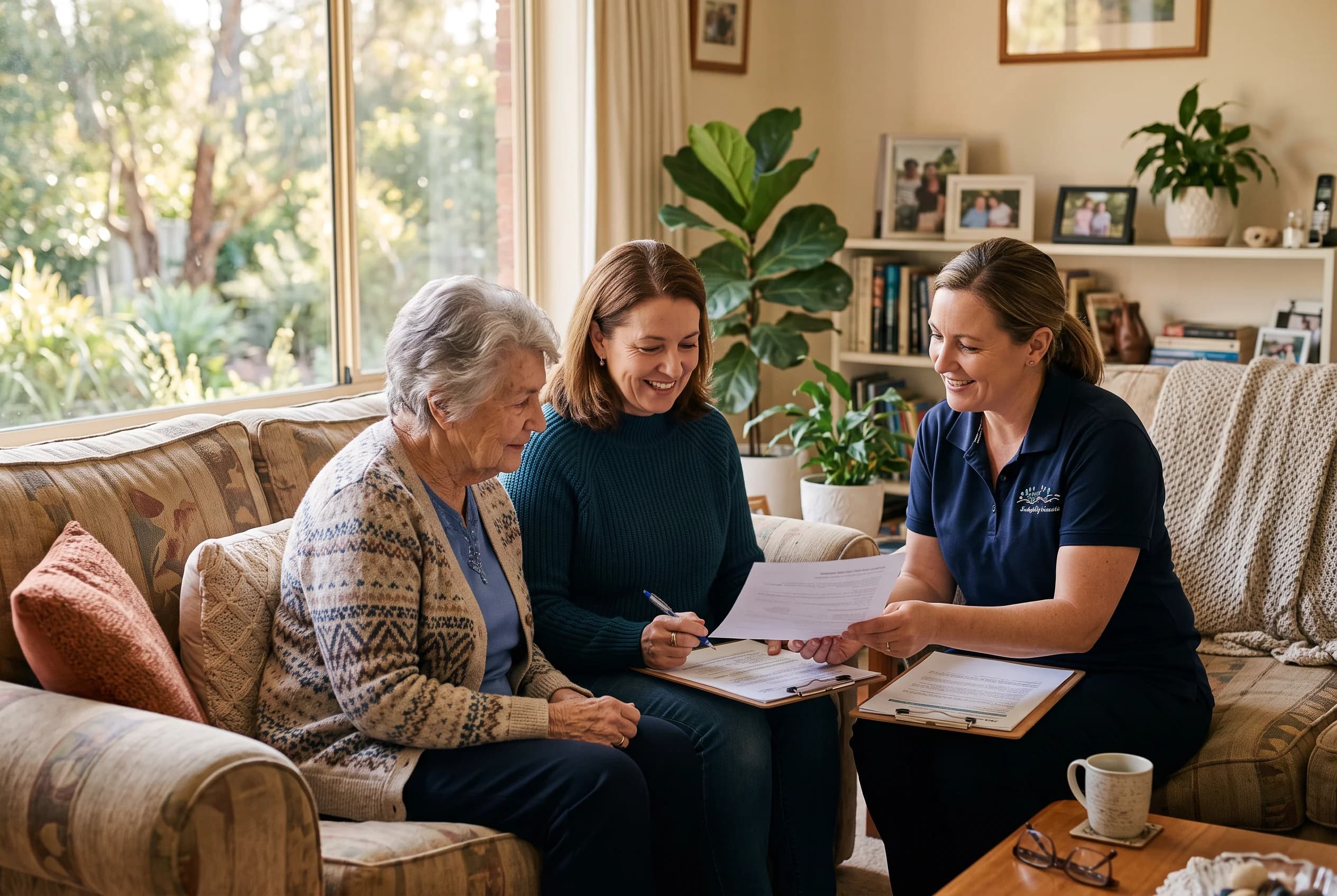 An adult daughter and her elderly mother sitting on a sofa reviewing a printed care plan together with a support worker in a relaxed living room.