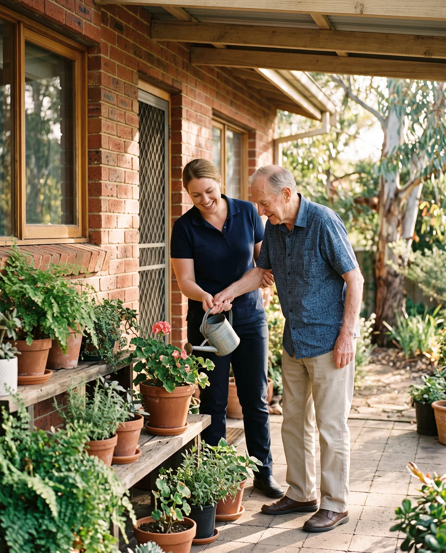 A support worker in a navy polo helping an elderly man water potted plants on the sunny back verandah of an Australian brick home.