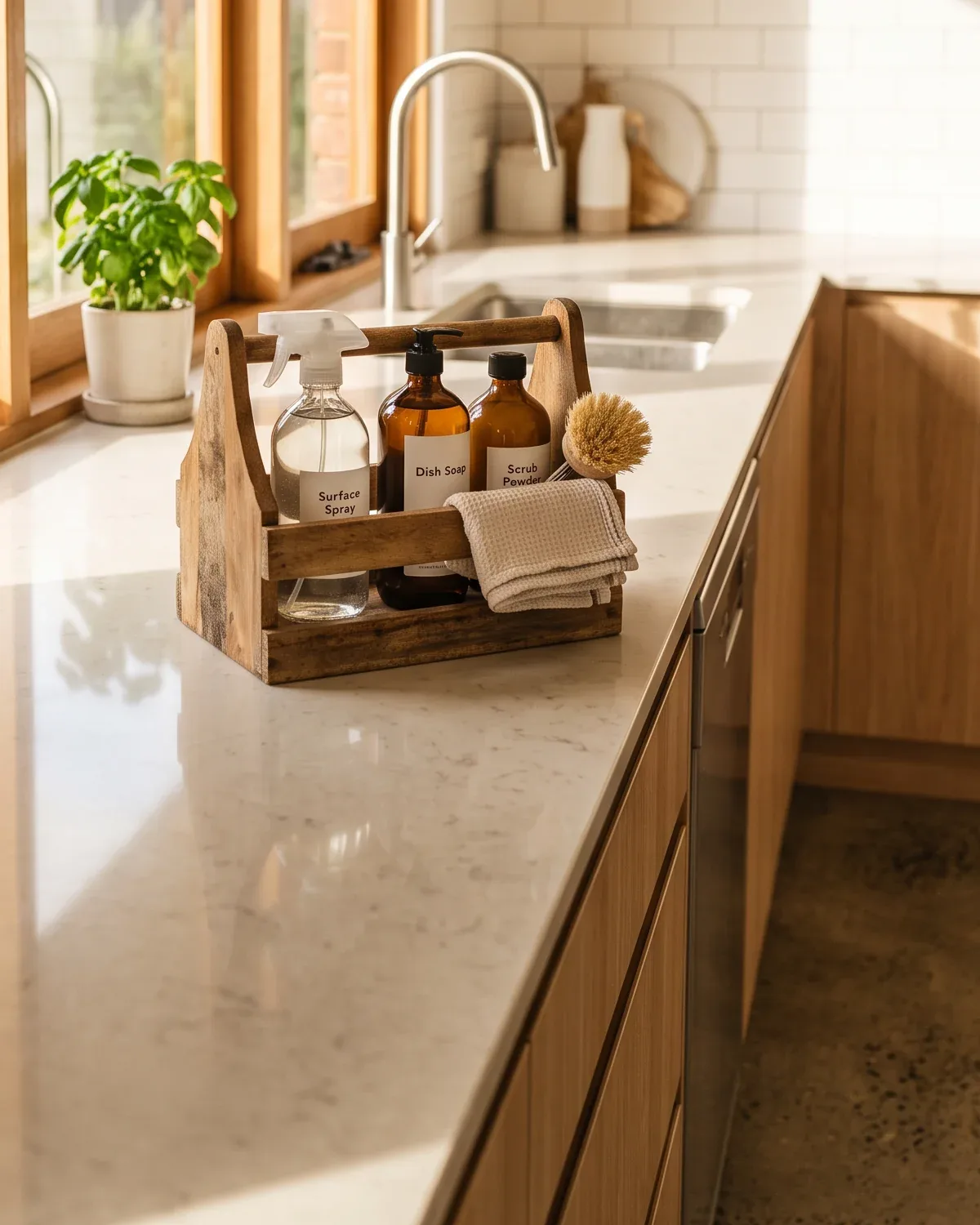 A wooden caddy of cleaning products on a spotless stone kitchen bench in warm morning light.