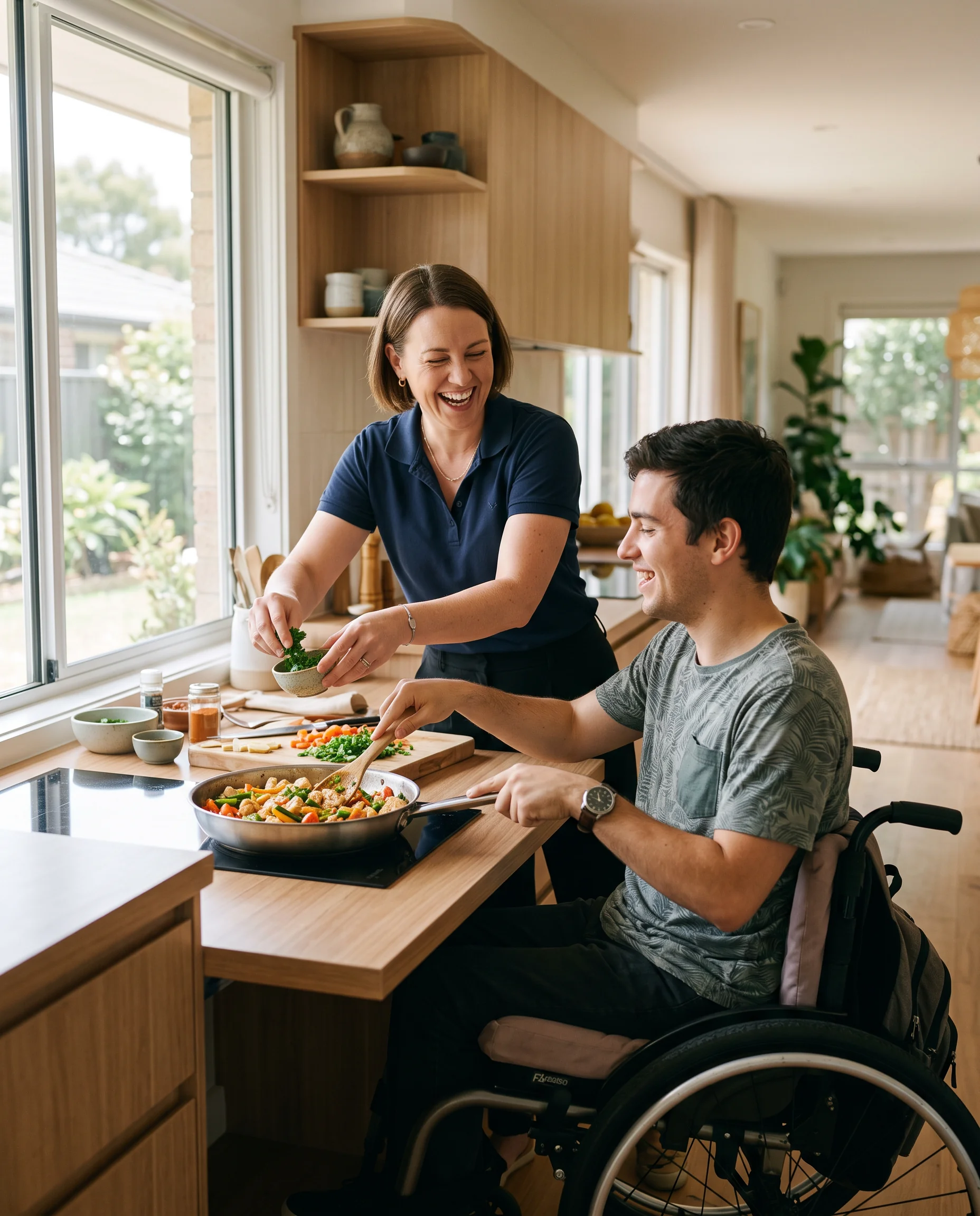 A young man in his twenties in a wheelchair and a support worker in navy preparing a meal together in a modern accessible kitchen, both laughing.