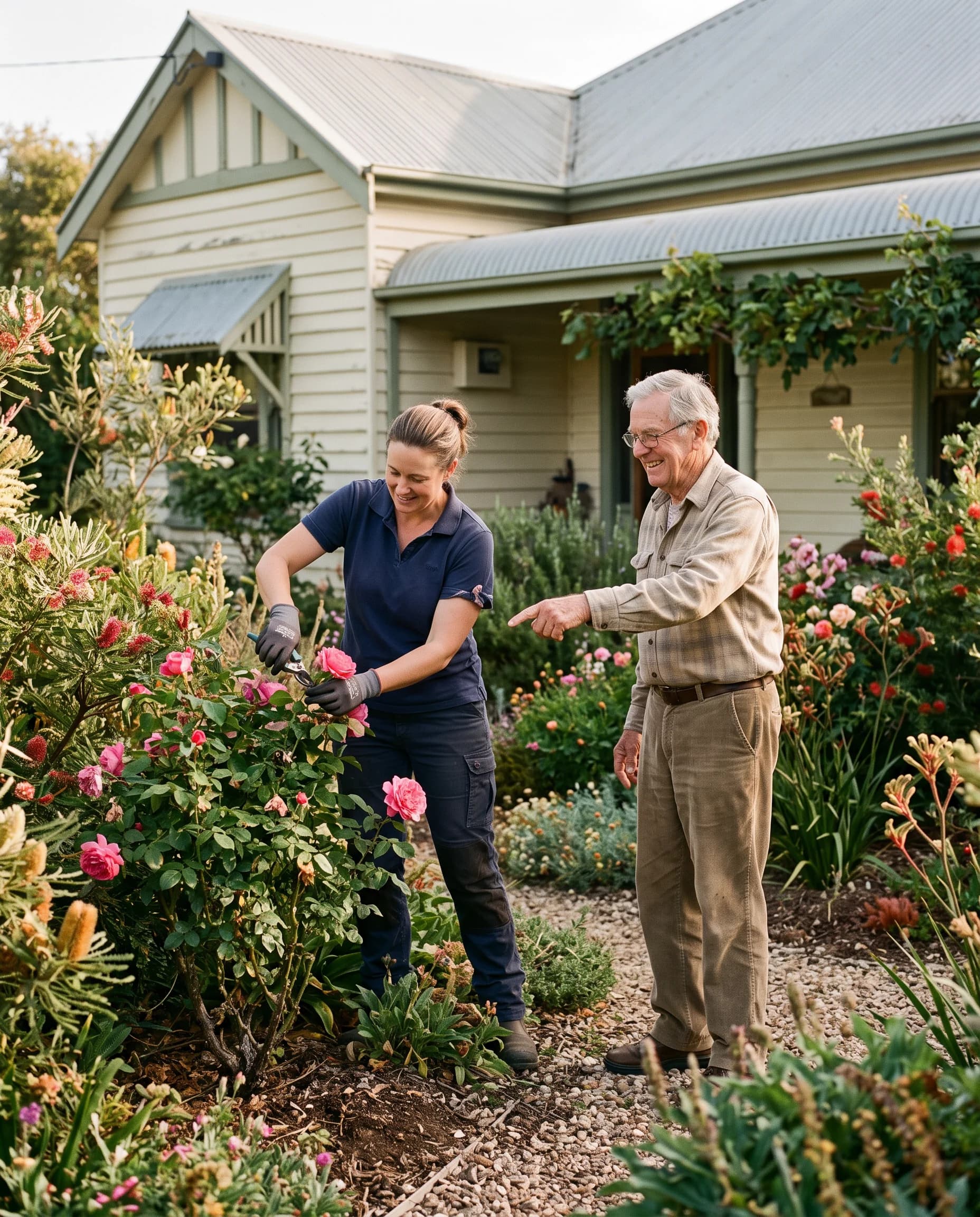 A gardener in a navy polo pruning roses beside an elderly man pointing proudly at his garden bed in an Australian native garden.