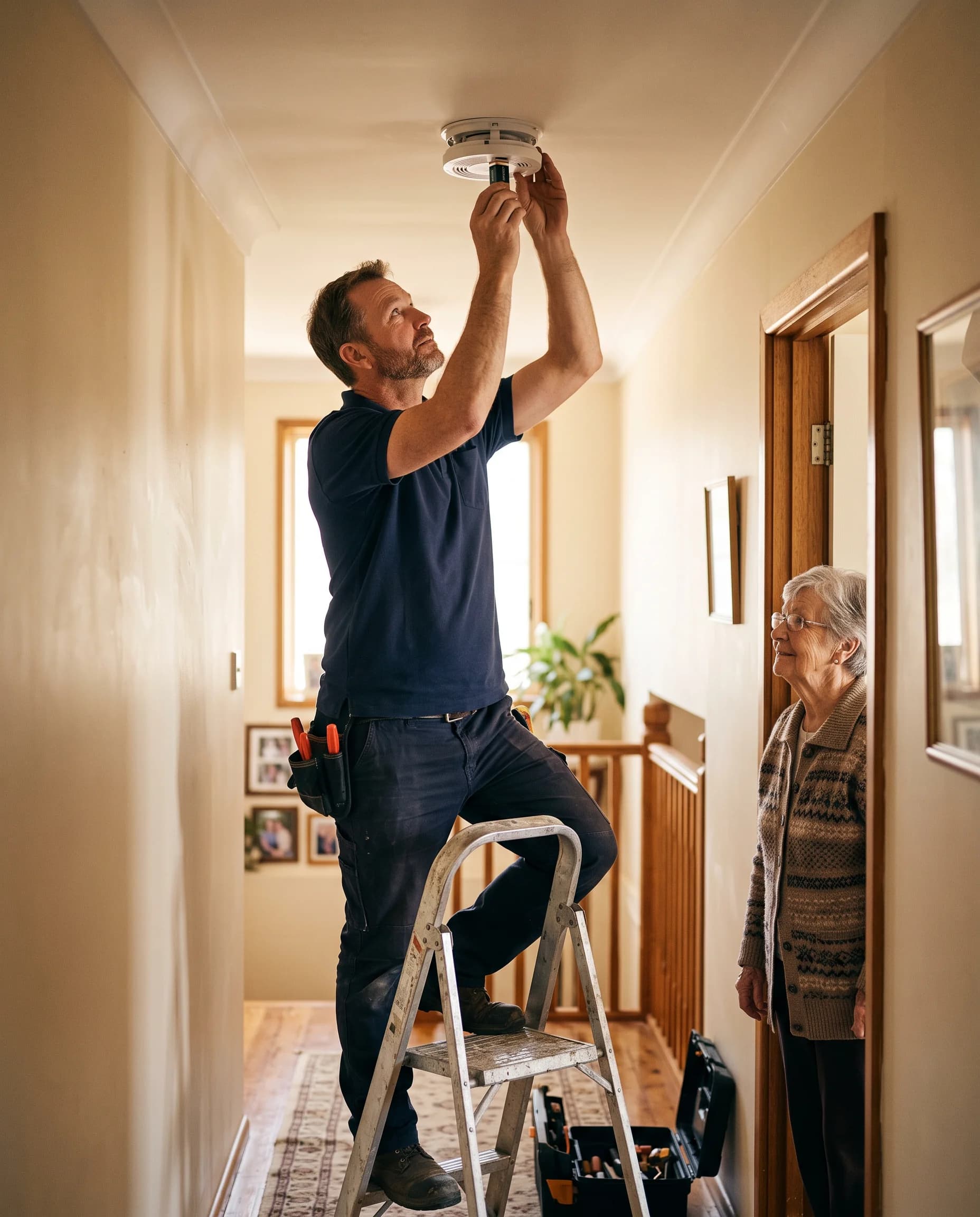 A handyman in a navy polo changing a smoke alarm battery on a stepladder while an elderly woman watches from a doorway.
