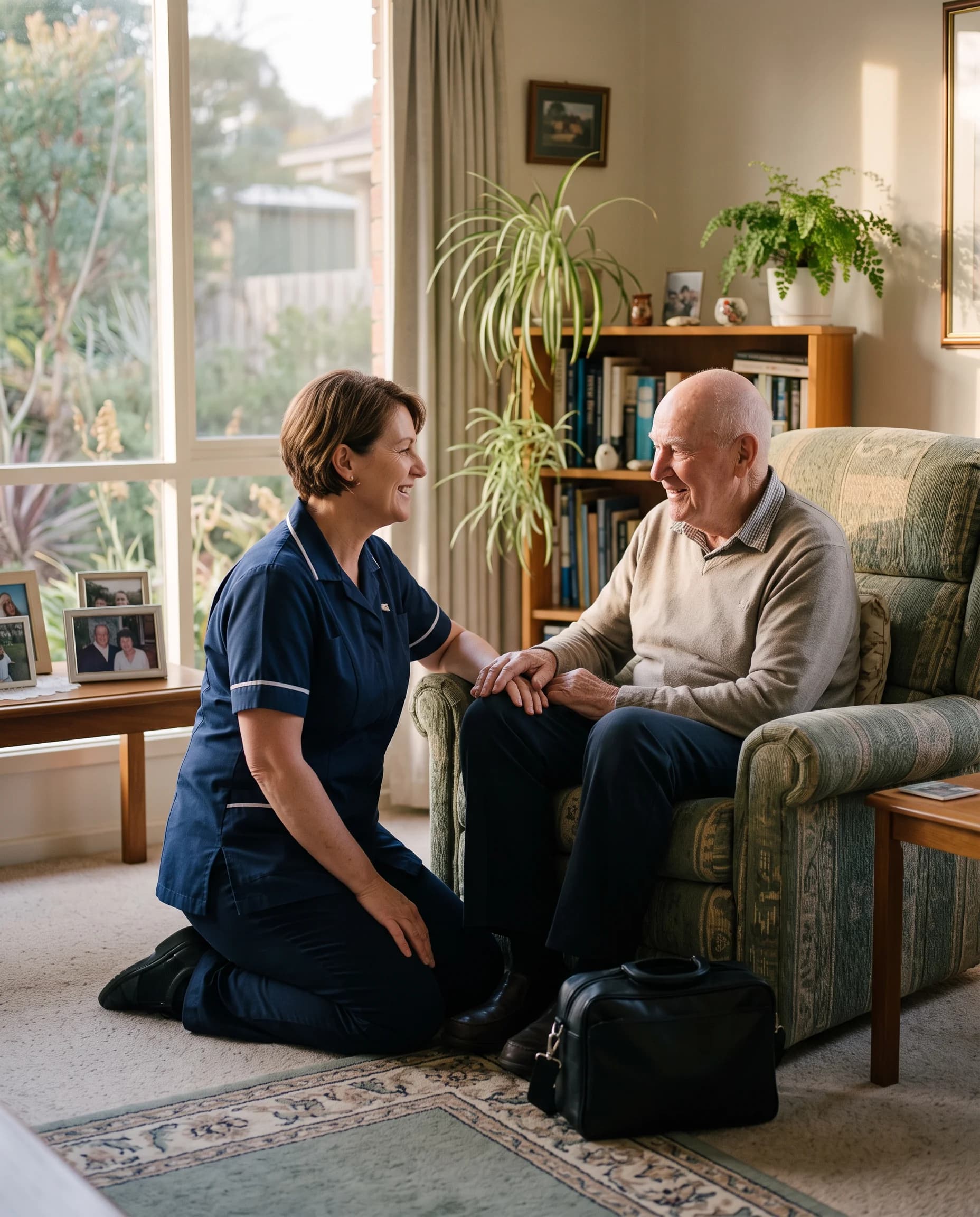A nurse in a navy tunic checking in warmly with an elderly man seated in an armchair in his living room, a small clinical bag nearby.