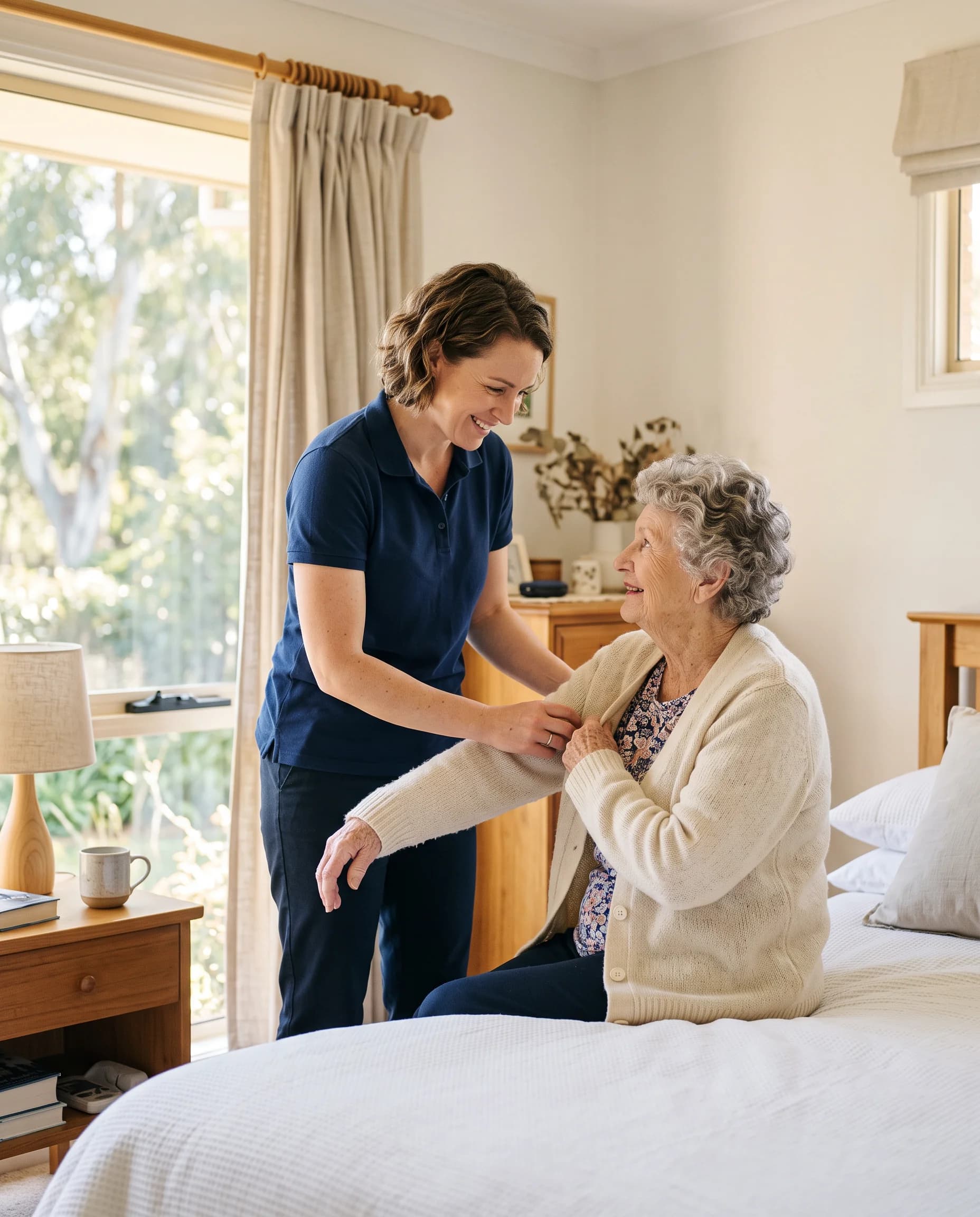 A support worker in navy gently helping an elderly woman with her cardigan in a bright bedroom, both smiling softly.