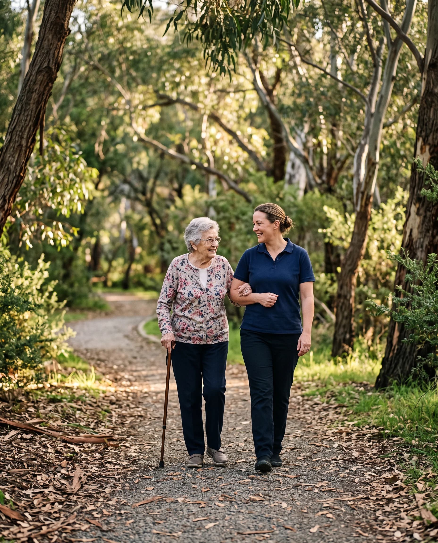A support worker and an elderly woman walking slowly arm in arm through a leafy Adelaide park in dappled morning light.